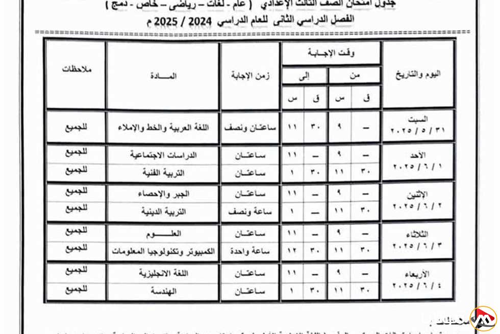 جدول اختبارات الصفوف الأول والثاني والثالث الإعدادي في محافظة أسوان