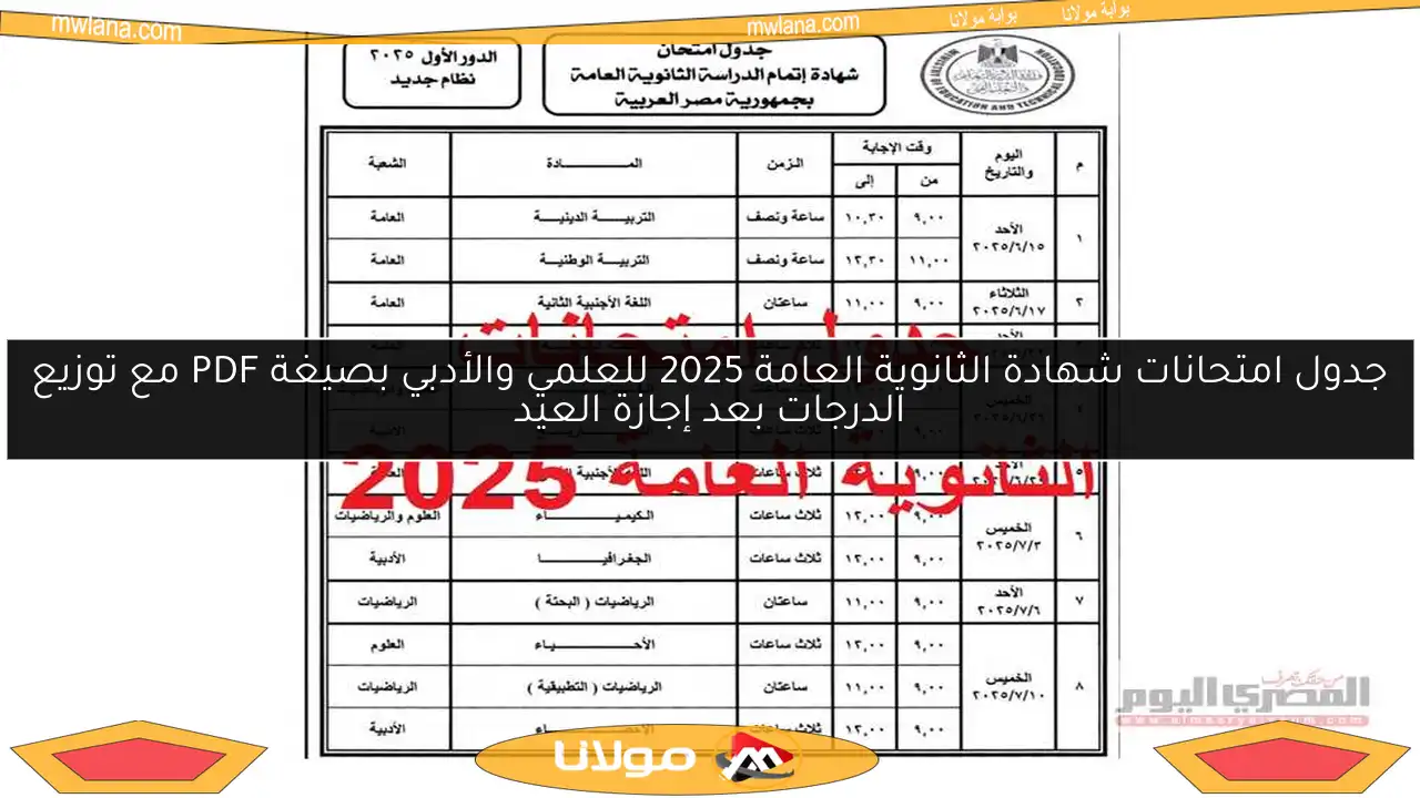 جدول امتحانات شهادة الثانوية العامة 2025 للعلمي والأدبي بصيغة PDF مع توزيع الدرجات بعد إجازة العيد